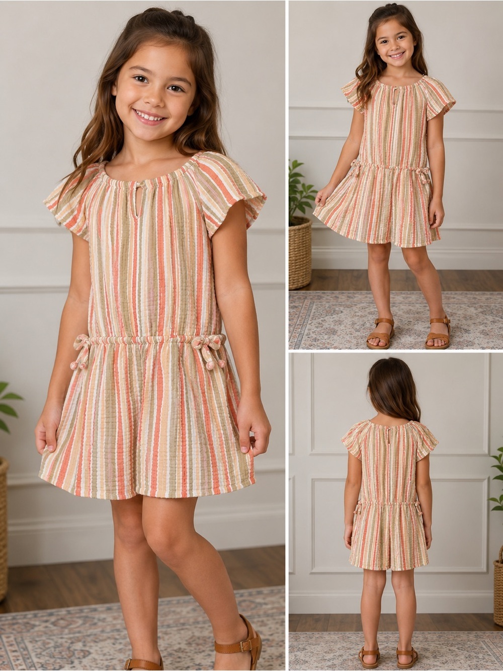 Striped Peach & Cream Tie-Waist Girls' Summer Dress
